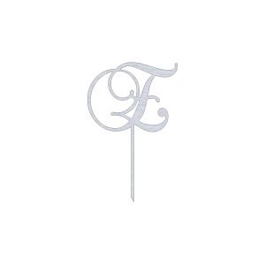 A laser-cut aluminum cake topper featuring an elegant 'E' in swirling script style. The design includes intricate loops and curves, with a natural aluminum finish. The topper has a pointed stake for easy insertion into a cake, set against a black background.